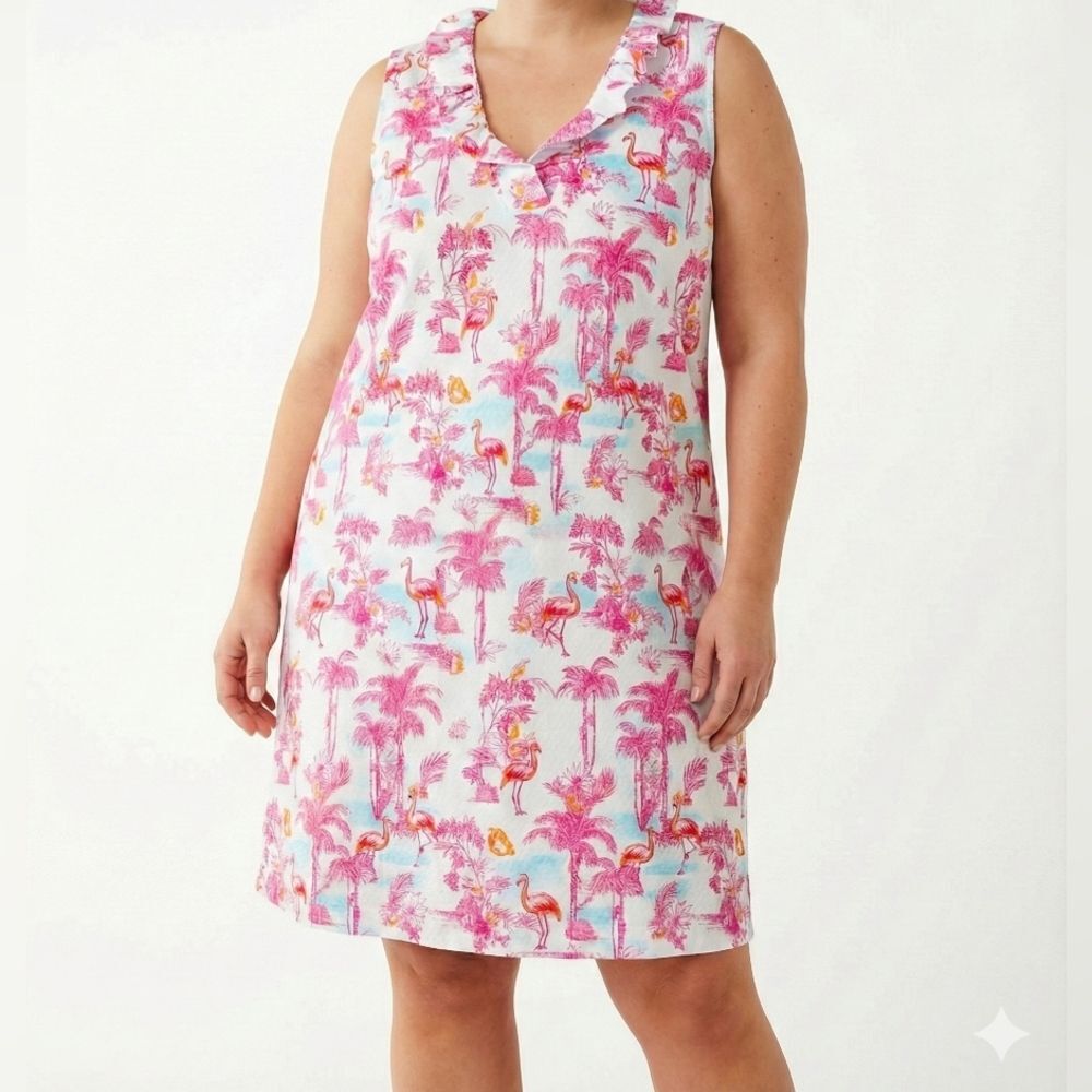 Crown & Ivy Pink Flamingo Tropical Print Dress 1X Plus Size Ruffle Resortwear